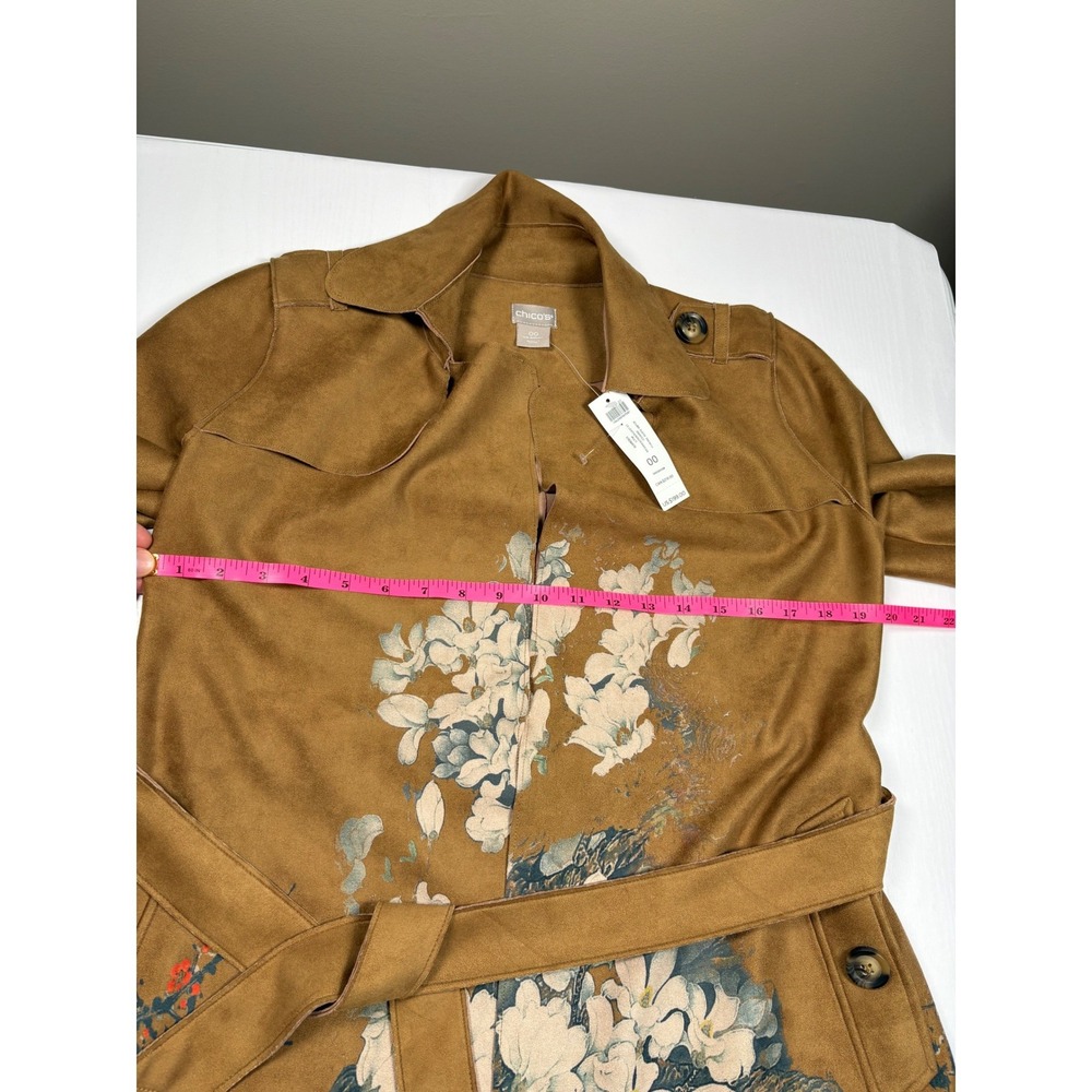 Chico's Scuba Suede Trench Coat Floral Tiger Print Brown Size 00 XS New Artsy - Picture 15 of 16